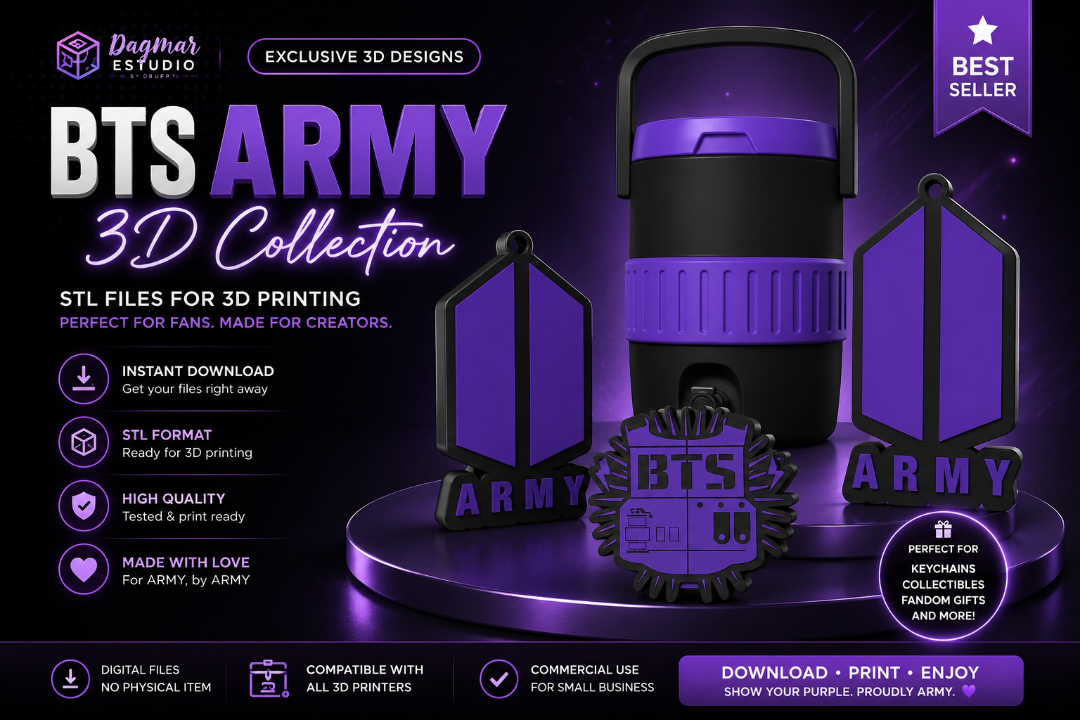 💜 BTS ARMY 3D Collection – Premium STL Files-💜 Colección BTS ARMY para Impresión 3D – Archivos STL Premium