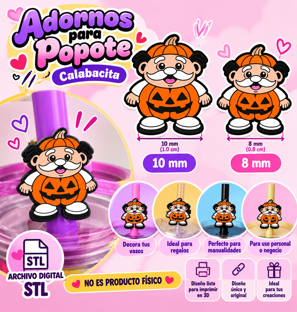 🎃 strawtopper-Adorno para Popote Calabacita – STL 3D | 2 Medidas