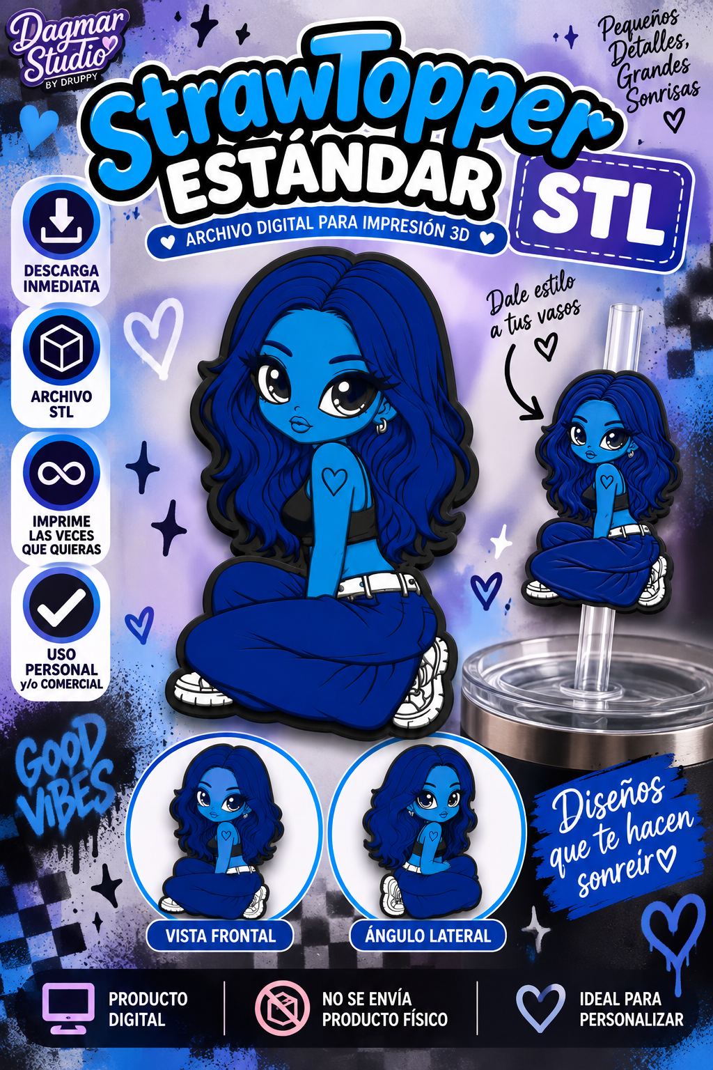 💙 Straw Topper Chica Blue – Archivo STL Digital