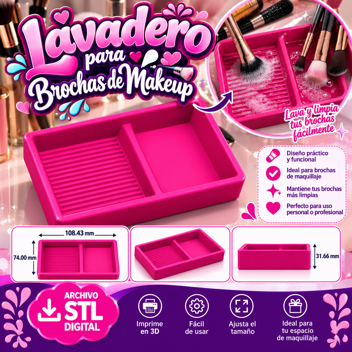 💖 Lavadero para Brochas de Makeup – Archivo STL Digital